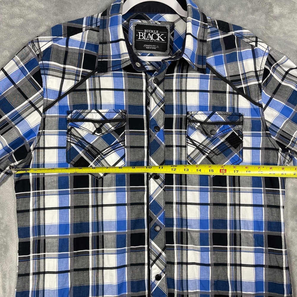 Buckle Black Athletic Fit Blue Plaid Western Snap Button‎ Down Shirt Mens Large - Picture 6 of 9